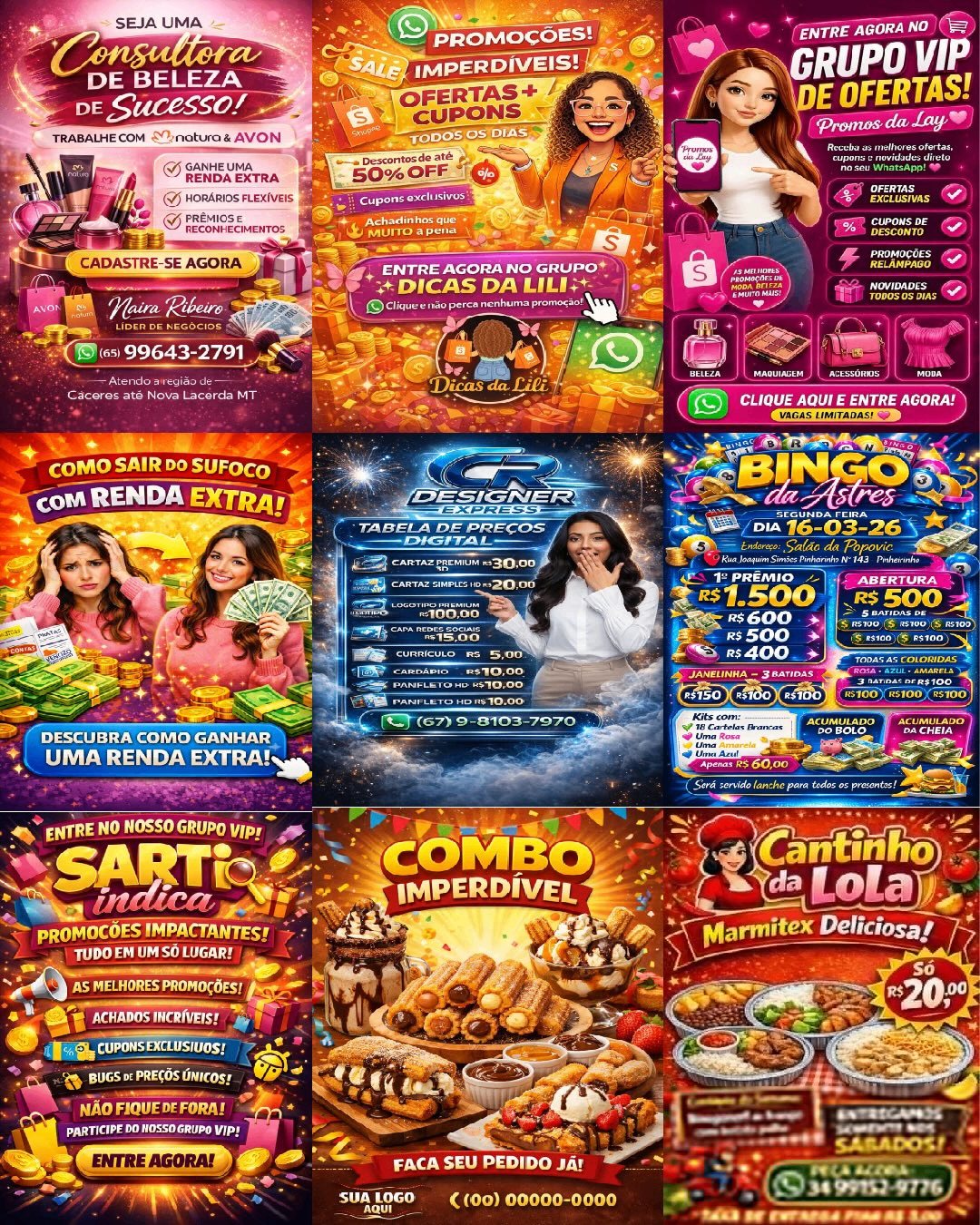 Mosaico 3x3 de flyers promocionales generados con IA: paletas saturadas, personajes cartoon, tipografías hinchadas, composiciones idénticas — todos distintos, todos iguales.