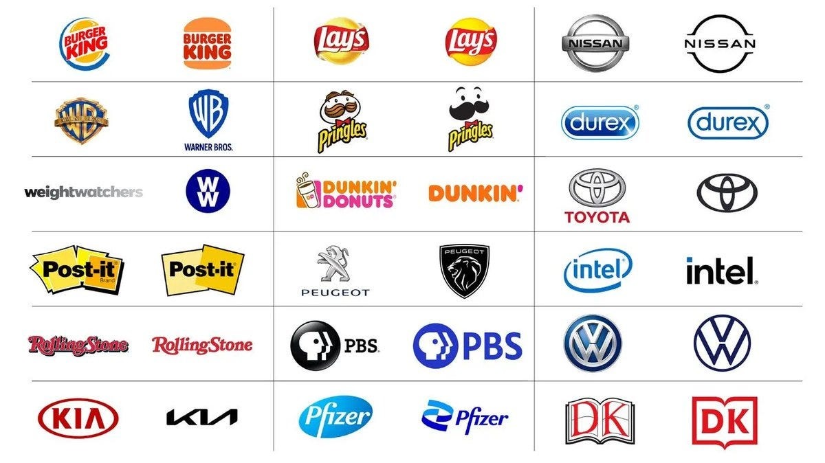 Decenas de rebrandings recientes (Burger King, Pringles, Nissan, Warner, Toyota, Intel, Pfizer…) convergiendo en la misma sans serif plana