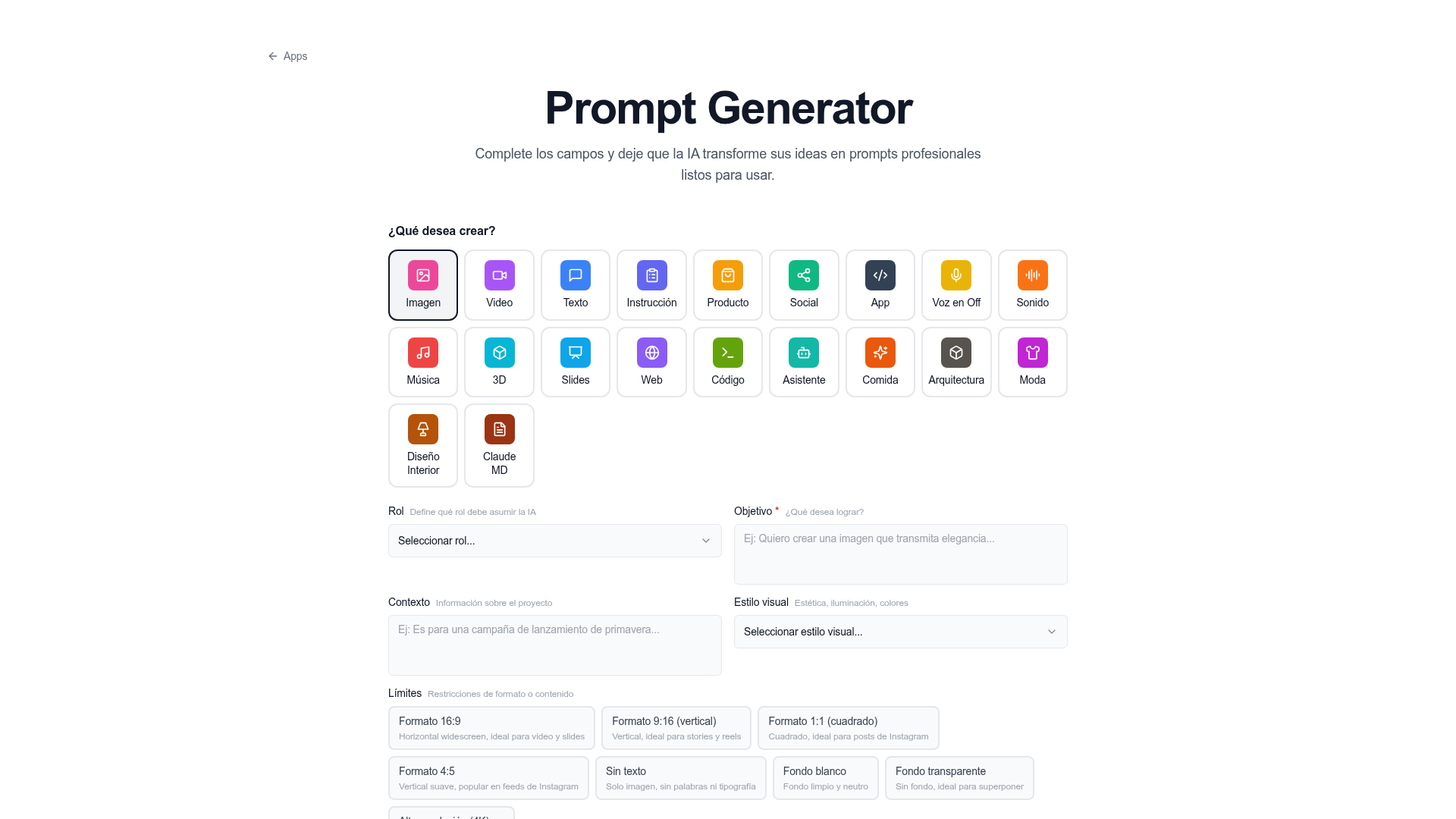Captura de Prompt Generator de Mondrian Academy: campos para rol, objetivo, contexto, estilo y límites.