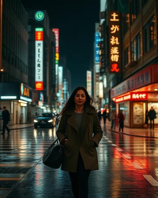 mujer caminando, tokio, lluvia